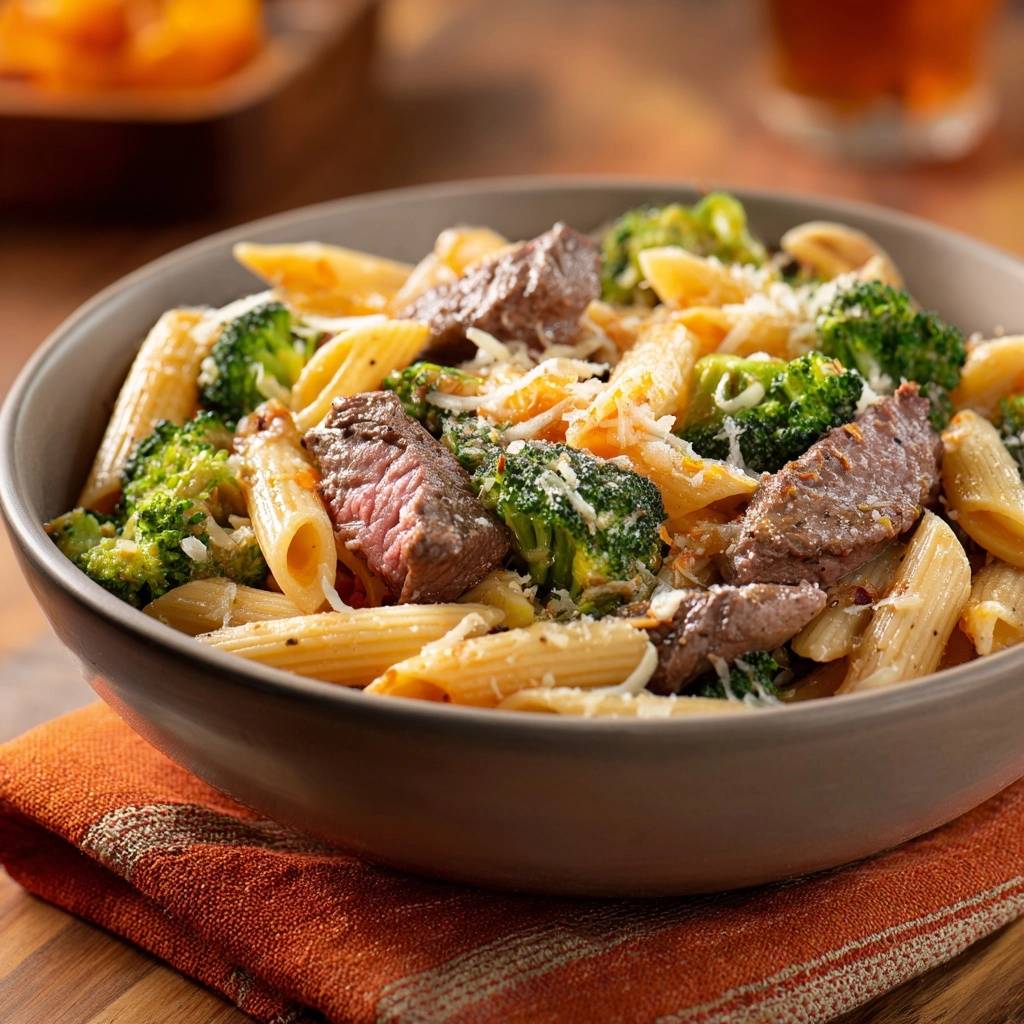 Cremige Penne Mit Rinderstreifen Und Brokkoli Nahaufnahme 1 Cremige Penne mit Rinderstreifen und Brokkoli in einer Nahaufnahme, die die frischen Zutaten und die cremige Sauce zeigt.
