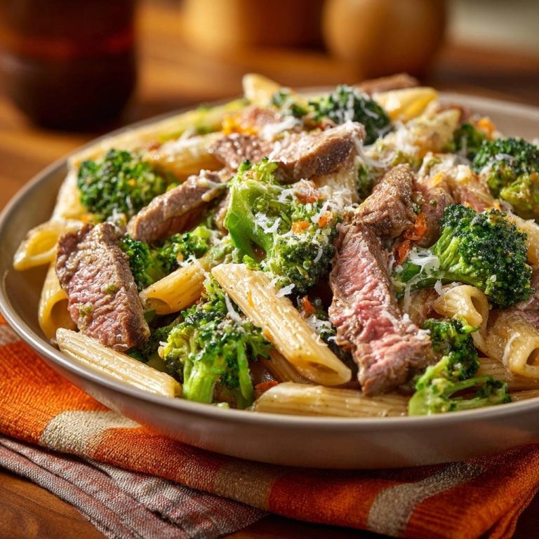 Cremige Penne mit Rinderstreifen und Brokkoli in einer Nahaufnahme, serviert in einer Schüssel mit frischem Brokkoli und Käse.