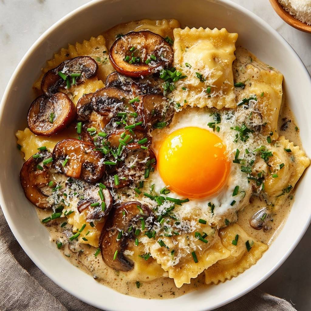 Cremige Pilz Ravioli Mit Spiegelei Draufsicht 1 Cremige Pilz-Ravioli mit Spiegelei in einer Schüssel, garniert mit frischen Kräutern und geriebenem Käse, serviert von oben.