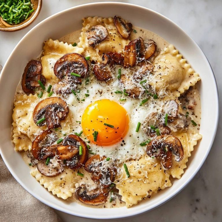 Cremige Pilz-Ravioli mit Spiegelei in einer Schüssel, garniert mit frischen Kräutern und Parmesan, aus der Vogelperspektive.