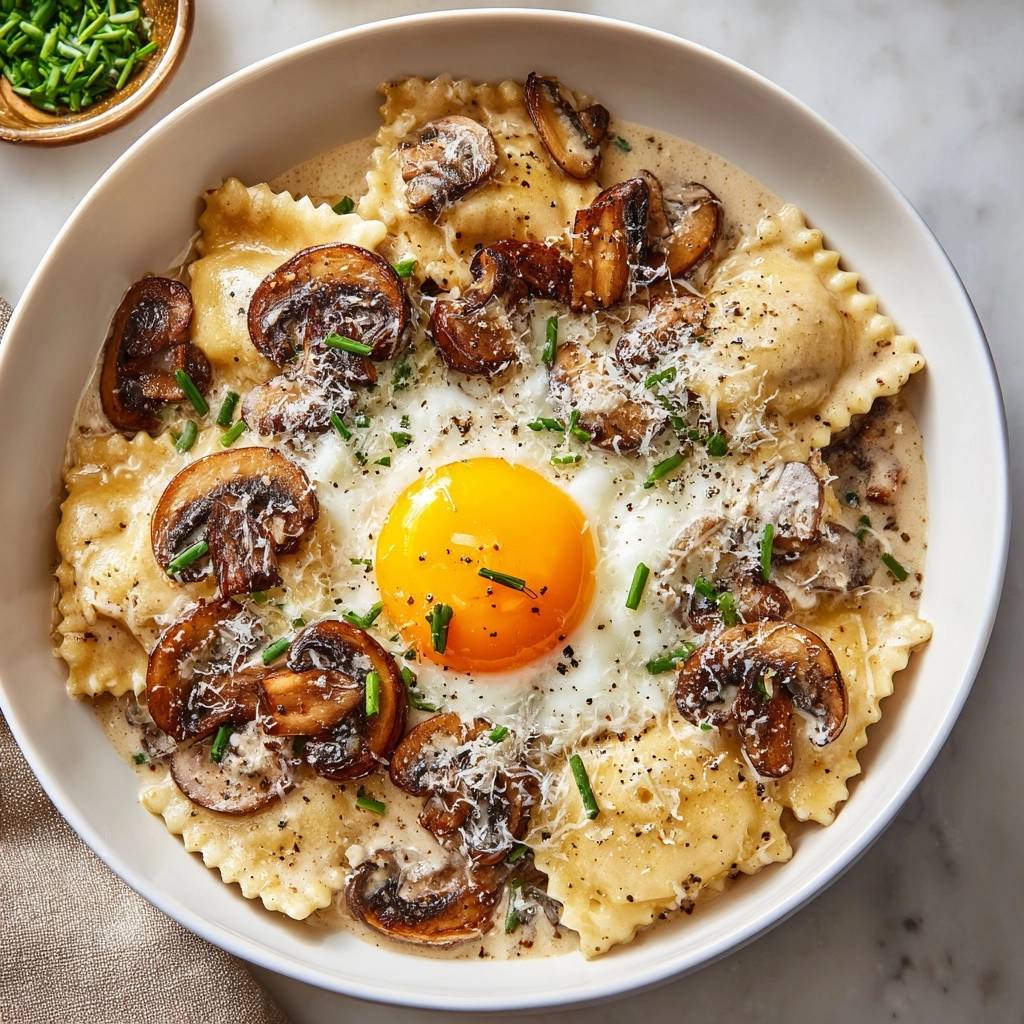 Cremige Pilz-Ravioli mit Spiegelei in einer Schüssel, garniert mit frischen Kräutern und Parmesan, aus der Vogelperspektive.