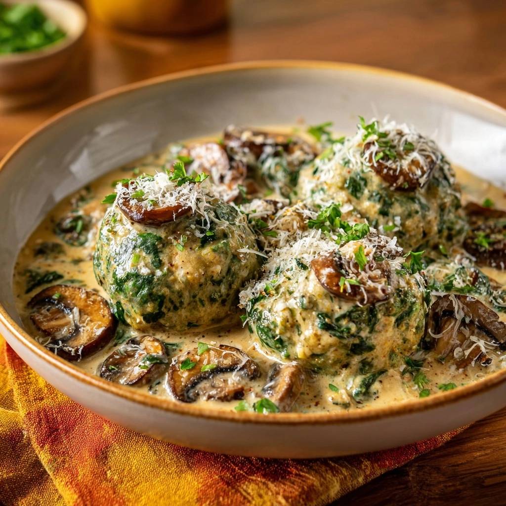 Cremige Spinatknoedel Pilzrahm Nahaufnahme 1 Cremige Spinatknödel in Pilzrahm in einer Nahaufnahme, garniert mit frischer Petersilie und geriebenem Käse. Die cremige Soße umhüllt die Knödel und Pilze.