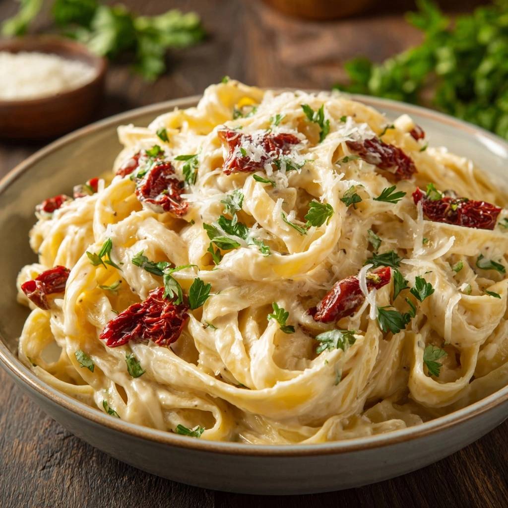 Cremige Tagliatelle Getrockneten Tomaten Draufsicht 1 Cremige Tagliatelle mit getrockneten Tomaten aus der Vogelperspektive, serviert in einer rustikalen Schüssel, garniert mit frischer Petersilie und Parmesan.