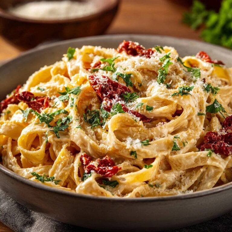 Cremige Tagliatelle mit getrockneten Tomaten, serviert in einer Schüssel, mit sonnengetrockneten Tomaten und frischer Petersilie garniert.