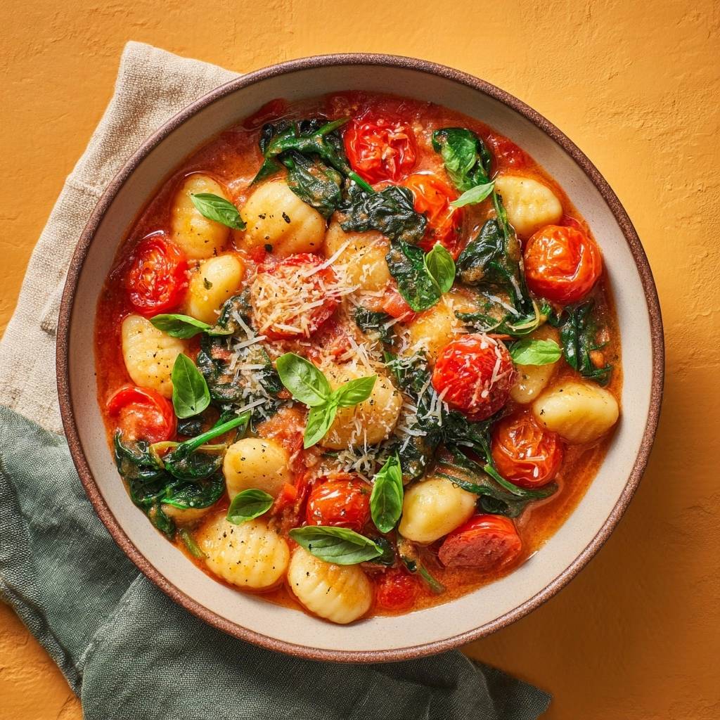Cremige Tomaten Spinat Gnocchi Draufsicht Serviert 1 Cremige Tomaten-Spinat-Gnocchi, serviert in einer Schüssel, garniert mit frischem Basilikum und geriebenem Käse, von oben betrachtet.