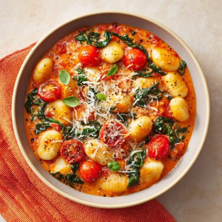 Cremige Tomaten-Spinat-Gnocchi, serviert in einer Schüssel, mit frischen Tomaten, Spinat und Parmesan bestreut, von oben fotografiert.