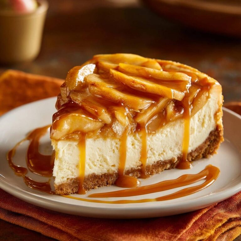 Cremiger Apfel-Karamell-Käsekuchen: Ein köstlicher Querschnitt zeigt die cremige Füllung und den knusprigen Boden, serviert mit Karamellsauce.