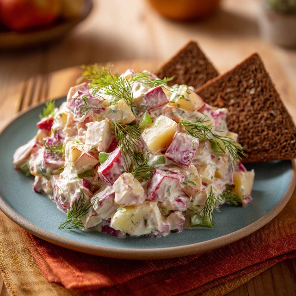 Cremiger Apfel Sellerie Salat Serviert 1 Cremiger Apfel-Sellerie-Salat, serviert auf einem blauen Teller, mit frischen Kräutern garniert und mit Brot serviert.