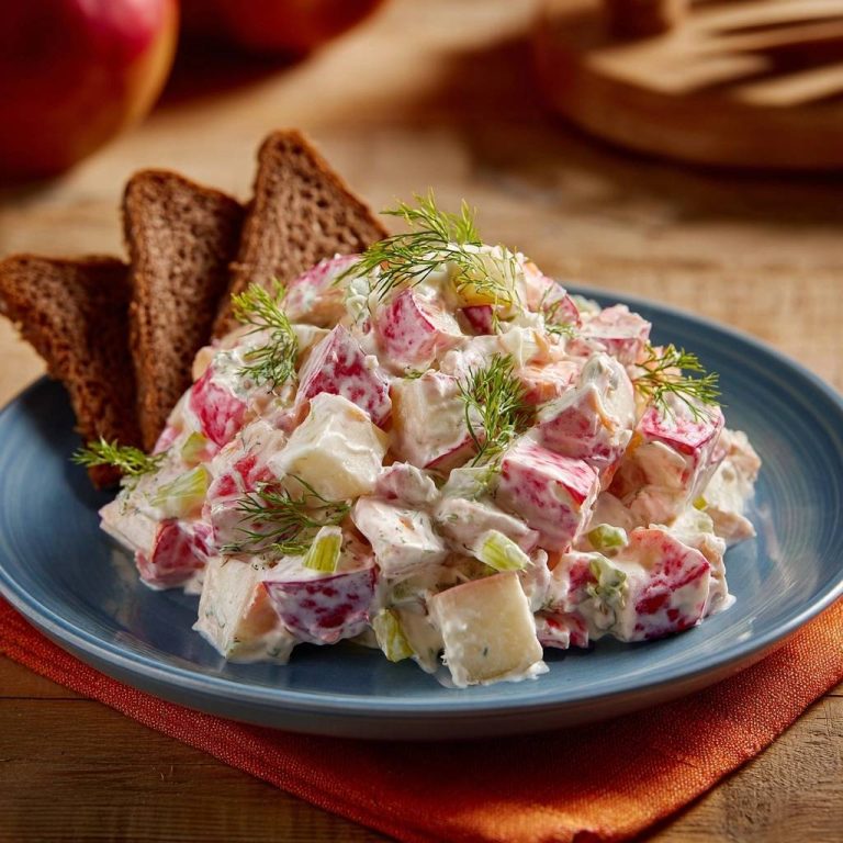 Cremiger Apfel-Sellerie-Salat, serviert auf einem blauen Teller mit Dill garniert, und Roggenbrot-Dreiecken. Ein köstliches Mittagessen.
