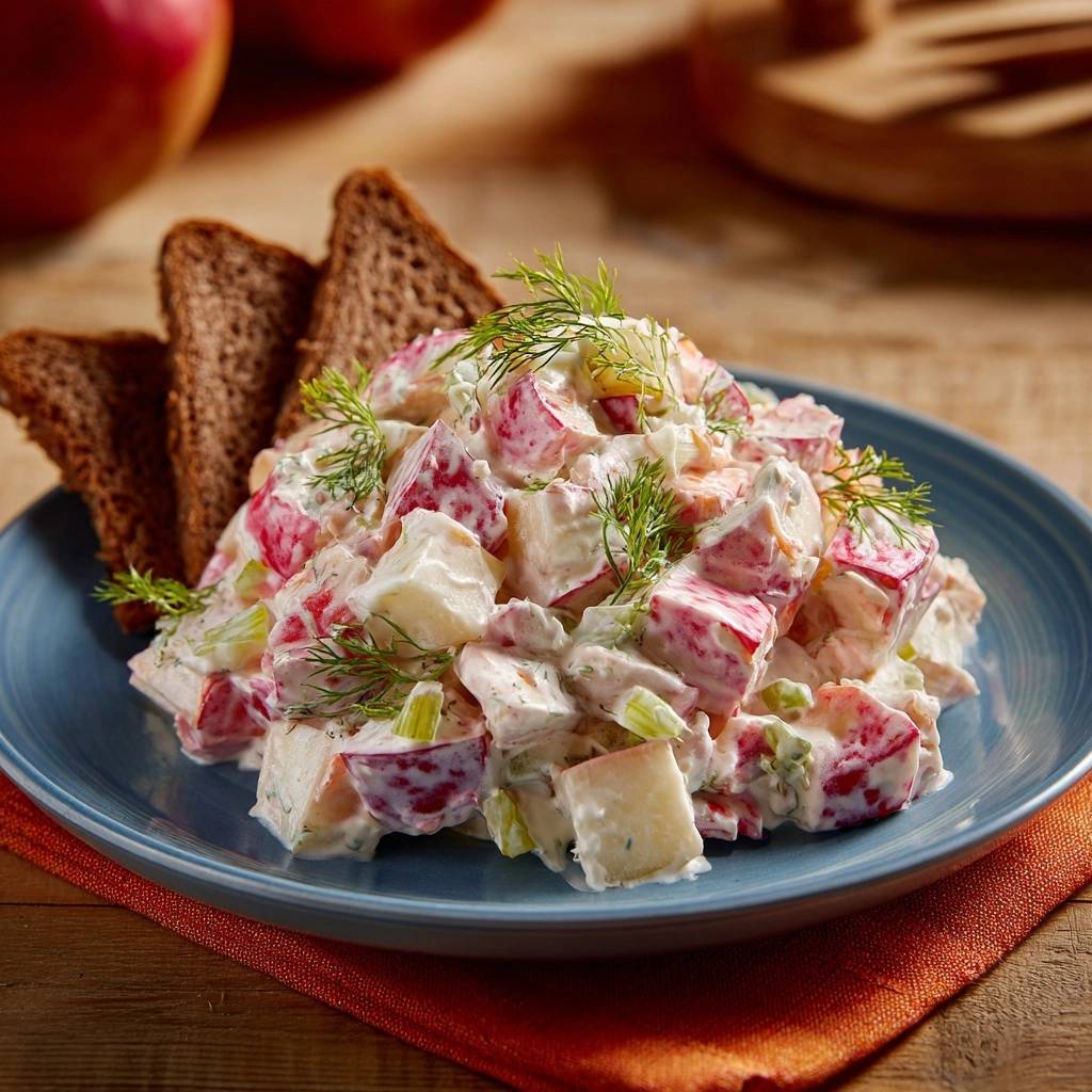 Cremiger Apfel-Sellerie-Salat, serviert auf einem blauen Teller mit Dill garniert, und Roggenbrot-Dreiecken. Ein köstliches Mittagessen.