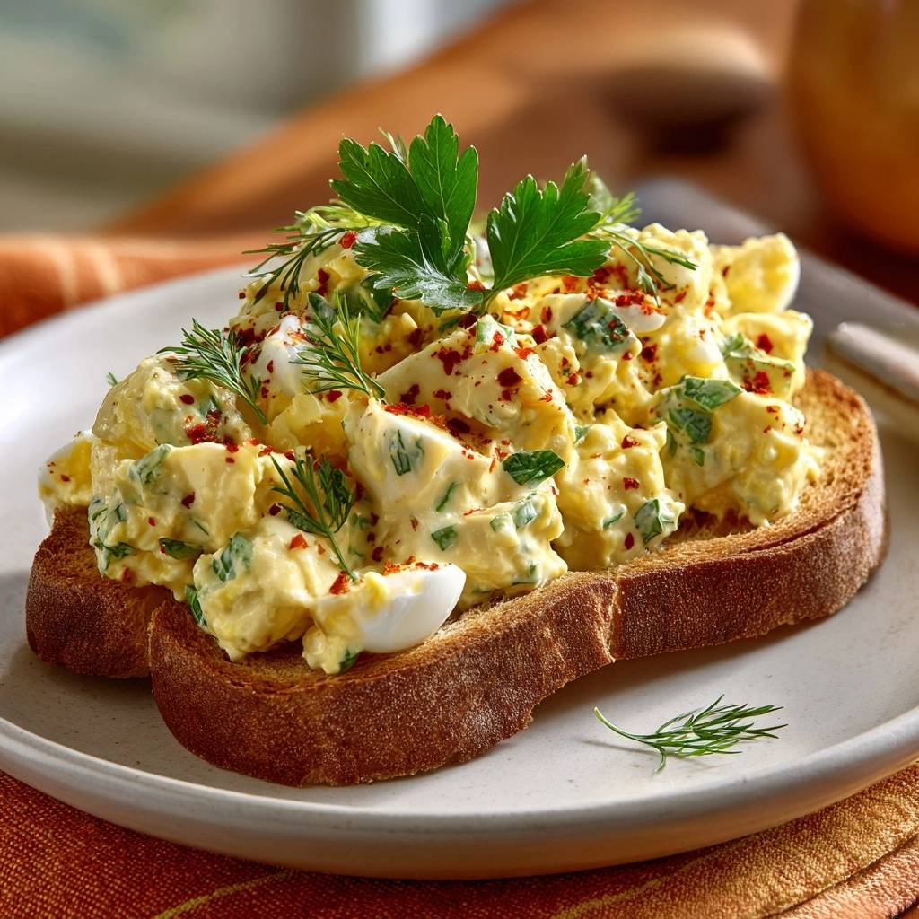 Cremiger Eiersalat Auf Roestbrot Serviert 1 Cremiger Eiersalat auf Röstbrot, serviert auf einem Teller. Die cremige Eiersalat-Mischung ist auf geröstetem Brot angerichtet und mit frischen Kräutern garniert.