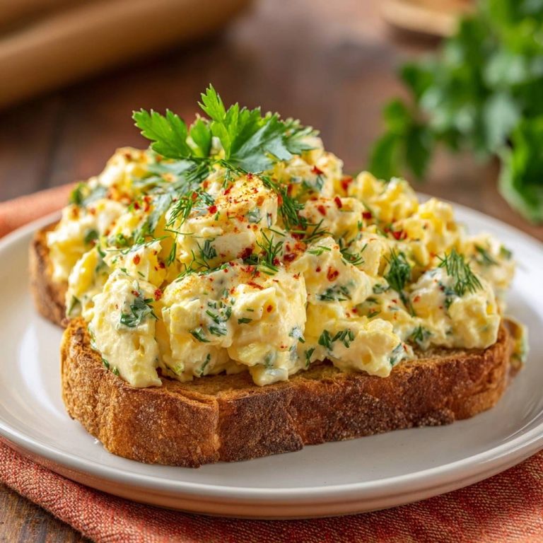 Cremiger Eiersalat auf Röstbrot, serviert auf einem weißen Teller, garniert mit frischer Petersilie und Paprikapulver.