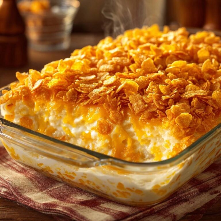 Cremiger Kartoffelauflauf mit Knusperkruste in Nahaufnahme, dampfend heiß aus dem Ofen, mit goldbrauner Cornflakes-Kruste.
