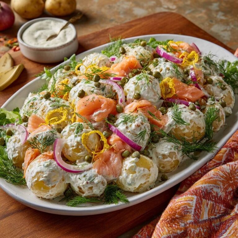 Cremiger Kartoffelsalat mit Lachs, serviert auf einer weißen Platte, garniert mit frischem Dill und Lachsscheiben.
