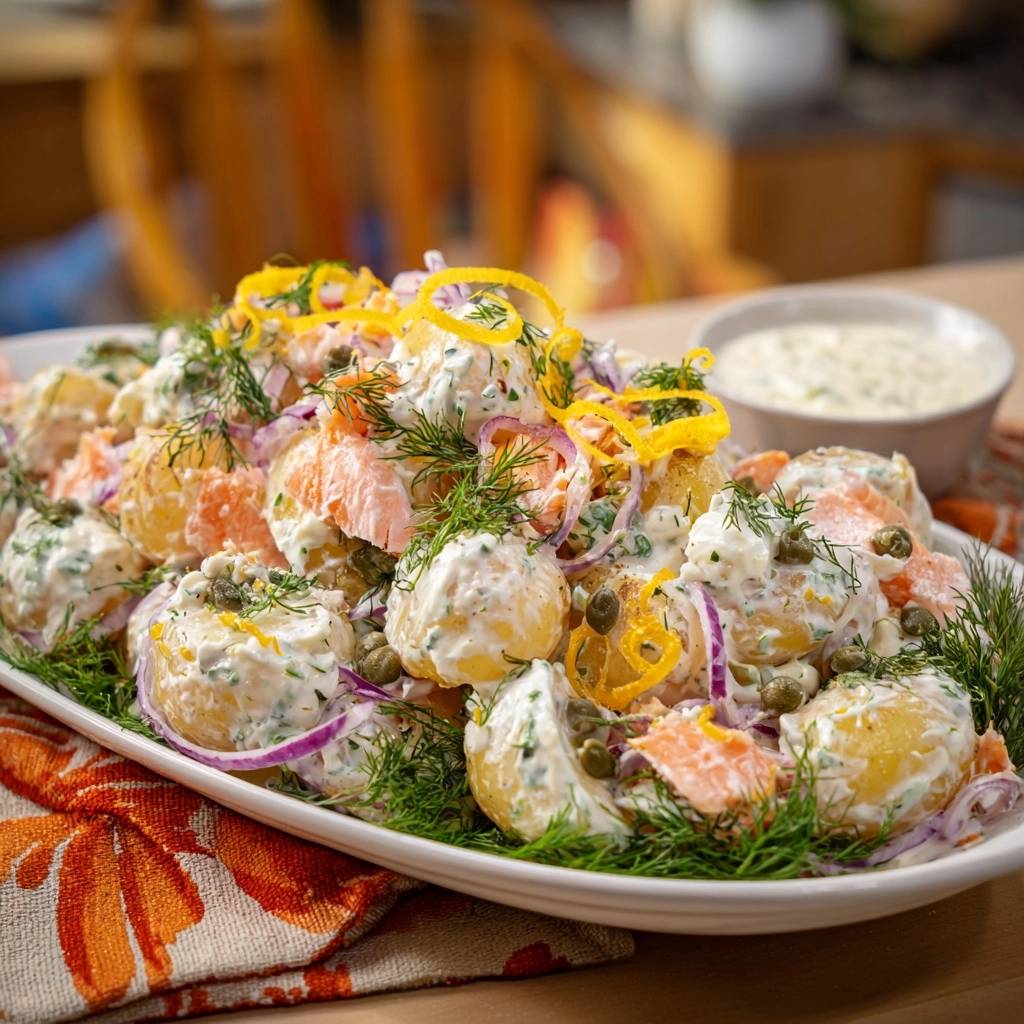 Cremiger Kartoffelsalat Mit Lachs Serviert 1 Cremiger Kartoffelsalat mit Lachs, serviert auf einer weißen Platte, garniert mit Zitronen, Kapern und frischem Dill.