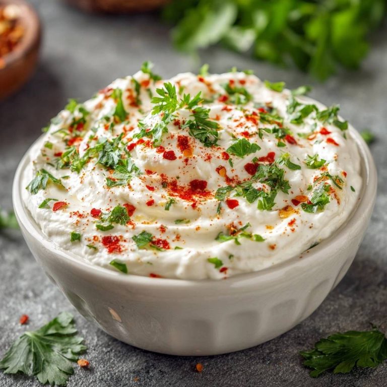 Cremiger Knoblauch-Feta-Dip in einer weißen Schüssel, garniert mit frischer Petersilie und Paprikaflocken, aus nächster Nähe betrachtet.
