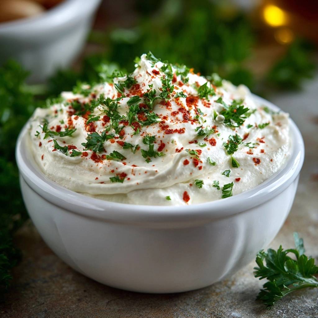 Cremiger Knoblauch Feta Dip Nahaufnahme Garniert 1 Cremiger Knoblauch-Feta-Dip in einer weißen Schüssel, garniert mit frischer Petersilie und Paprikapulver. Ein köstlicher Dip für Brot oder Gemüse.
