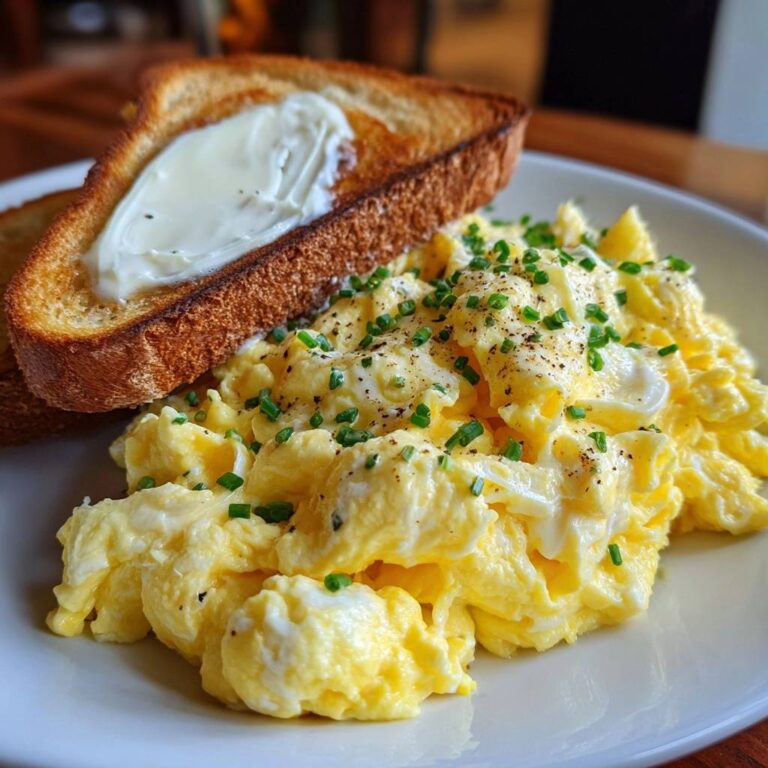 Cremiges Gourmet-Rührei auf Röstbrot, serviert auf einem weißen Teller, garniert mit frischen Kräutern und frisch gemahlenem Pfeffer.
