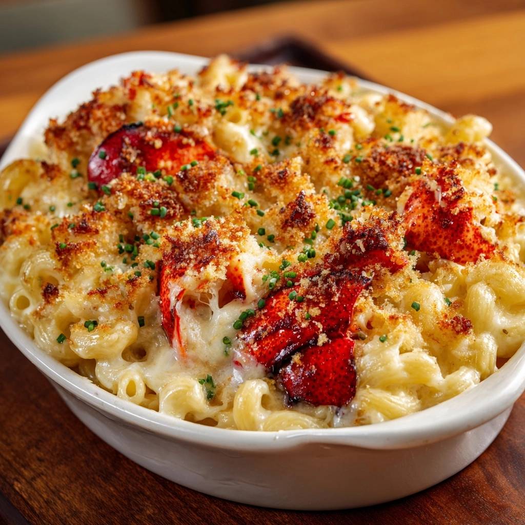 Cremiges Hummer Mac And Cheese Nahaufnahme 1 Cremiges Hummer Mac and Cheese in einer Nahaufnahme, mit goldbraun gebackenem Käse und saftigen Hummerstücken.
