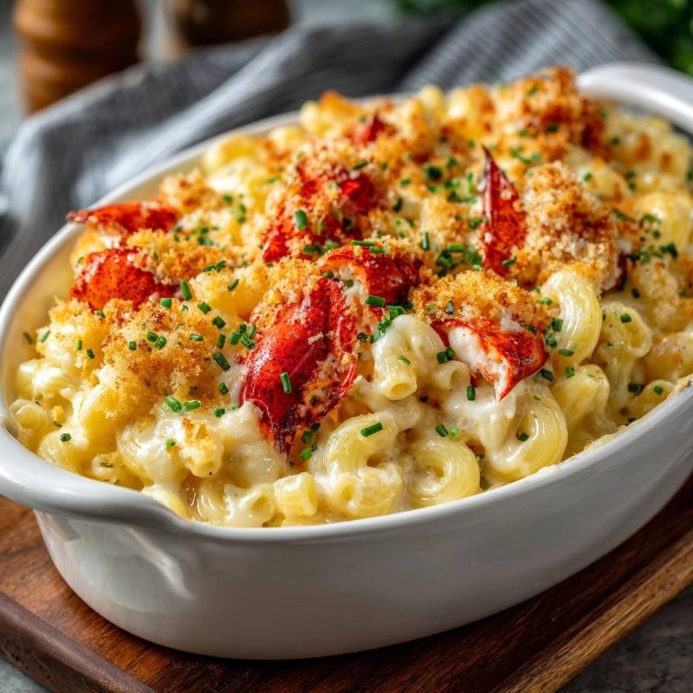 Cremiges Hummer Mac and Cheese, serviert in einer Auflaufform, mit goldbraunen Krusten und saftigen Hummerstücken.