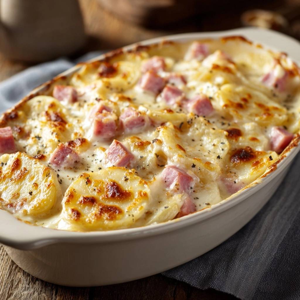 Cremiges Kartoffelgratin Mit Schinken Draufsicht 1 Cremiges Kartoffelgratin mit Schinken, von oben fotografiert, zeigt goldbraun gebackene Kartoffelscheiben und Schinkenwürfel in cremiger Sauce.