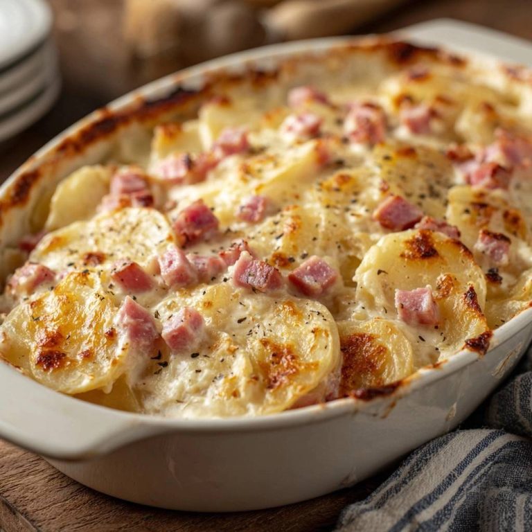 Cremiges Kartoffelgratin mit Schinken, von oben fotografiert, zeigt goldbraun gebackene Kartoffelscheiben mit Schinkenwürfeln.