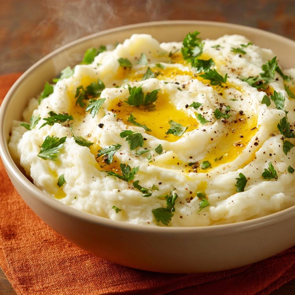 Cremiges Kartoffelpuree Mit Butter Und Petersilie Draufsicht 1 Cremiges Kartoffelpüree mit Butter und Petersilie in einer Schüssel, garniert mit frischer Petersilie und einem Hauch Pfeffer.