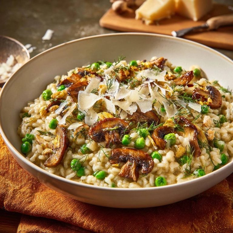 Cremiges Pilz-Erbsen-Risotto in einer Schüssel serviert, garniert mit frischem Dill, Erbsen und Parmesan-Flocken.