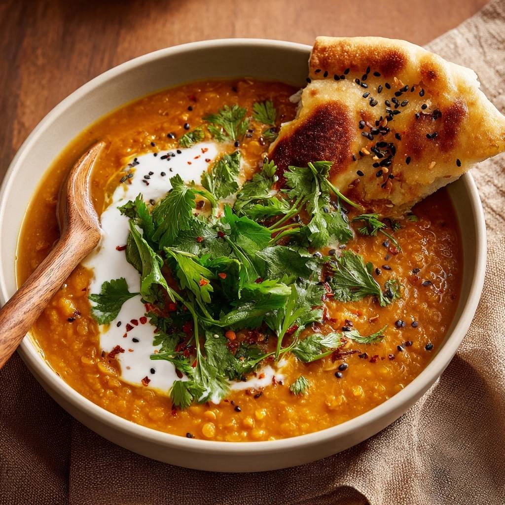 Cremiges Rotes Linsencurry Serviert Mit Brot 1 Cremiges rotes Linsencurry serviert mit frischem Brot, garniert mit Kräutern und einem Klecks cremigen Joghurts. Ein herzhaftes, selbstgemachtes Gericht.
