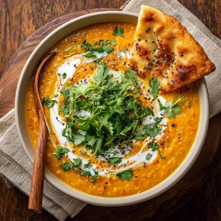 Cremiges rotes Linsencurry, serviert in einer Schüssel, garniert mit frischer Petersilie, Sahne und einem Stück Naan-Brot.