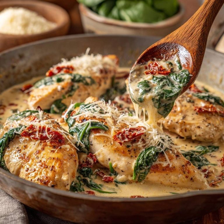 Cremiges Toskana-Hähnchen mit Spinat in einer Pfanne, die mit einem Holzlöffel serviert wird, der die cremige Sauce zeigt.