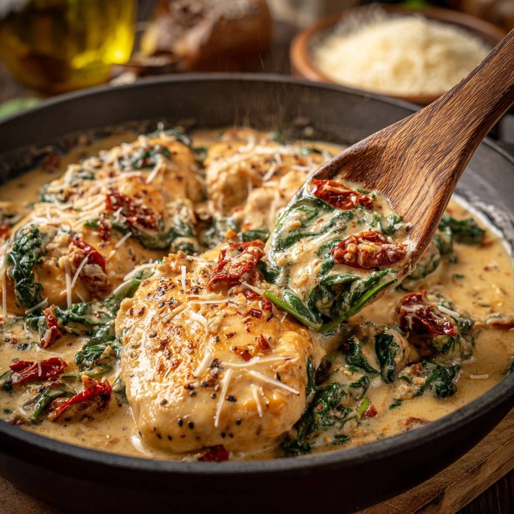 Cremiges Toskana Huhnchen Mit Spinat Auf Dem Loffel 1 Cremiges Toskana-Hähnchen mit Spinat wird auf einem Holzlöffel serviert, der die cremige Sauce und den Spinat zeigt.