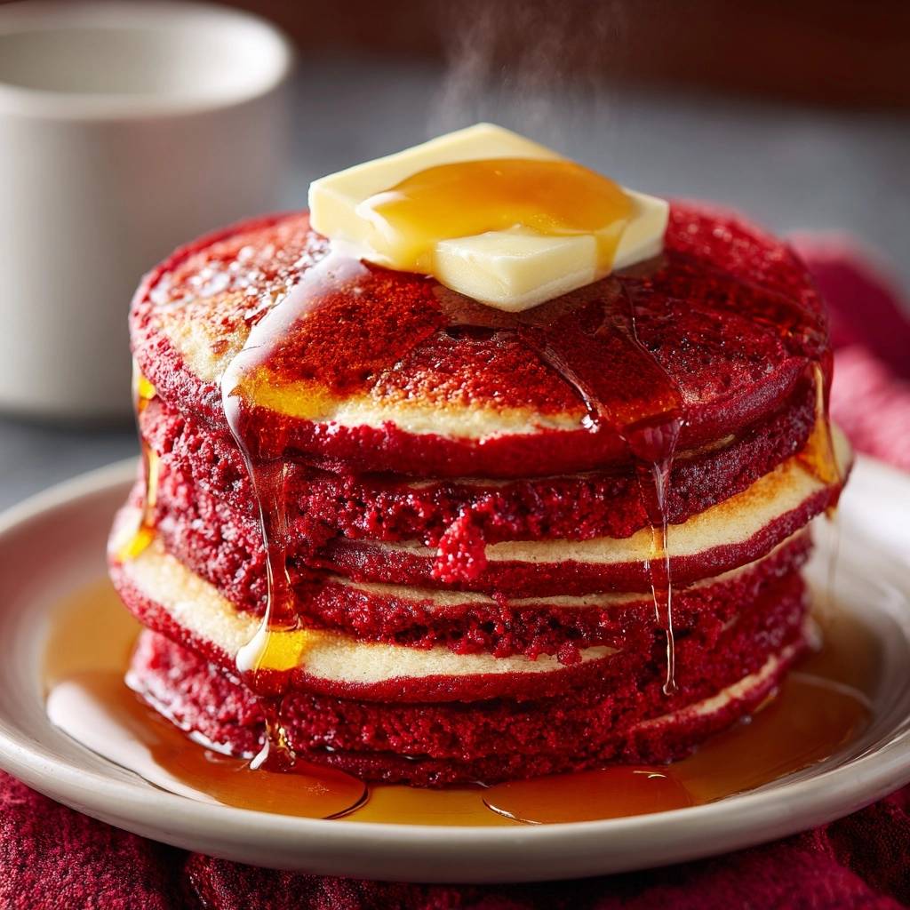 Fluffige Red Velvet Pancakes Nahaufnahme Sirup 1 Fluffige Red Velvet Pancakes in Nahaufnahme, übergossen mit Ahornsirup und einem Stück Butter, die auf einem Teller serviert werden.