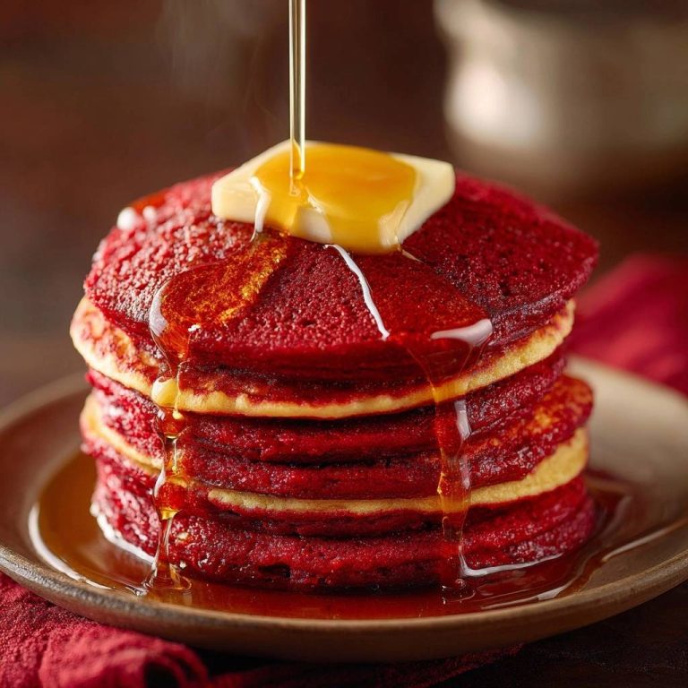 Fluffige Red Velvet Pancakes mit geschmolzener Butter und goldenem Ahornsirup, der über den Stapel fließt.