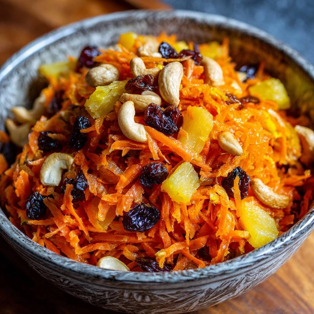 Fruchtiger Karottensalat Mit Ananas Nahaufnahme 1 Fruchtiger Karottensalat mit Ananas in einer Nahaufnahme, garniert mit Cashewnüssen, Ananasstücken und Rosinen, serviert in einer rustikalen Schüssel.