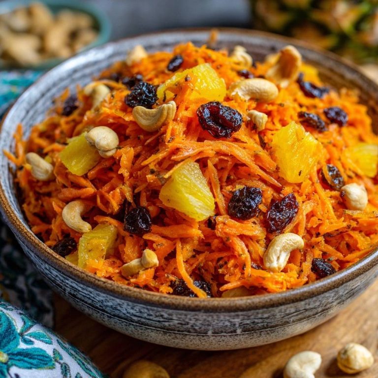 Fruchtiger Karottensalat mit Ananas in Nahaufnahme, garniert mit Cashewnüssen, Ananasstücken und Rosinen in einer rustikalen Schüssel.