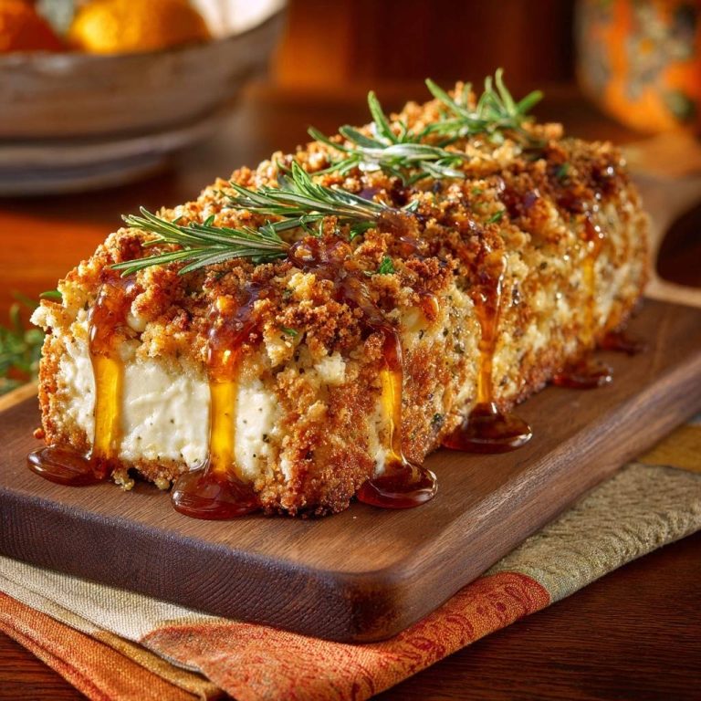 Gebackener Feta im Knuspermantel mit einem saftigen Querschnitt, der mit goldener Honig-Glasur beträufelt wurde und mit Rosmarin garniert ist.