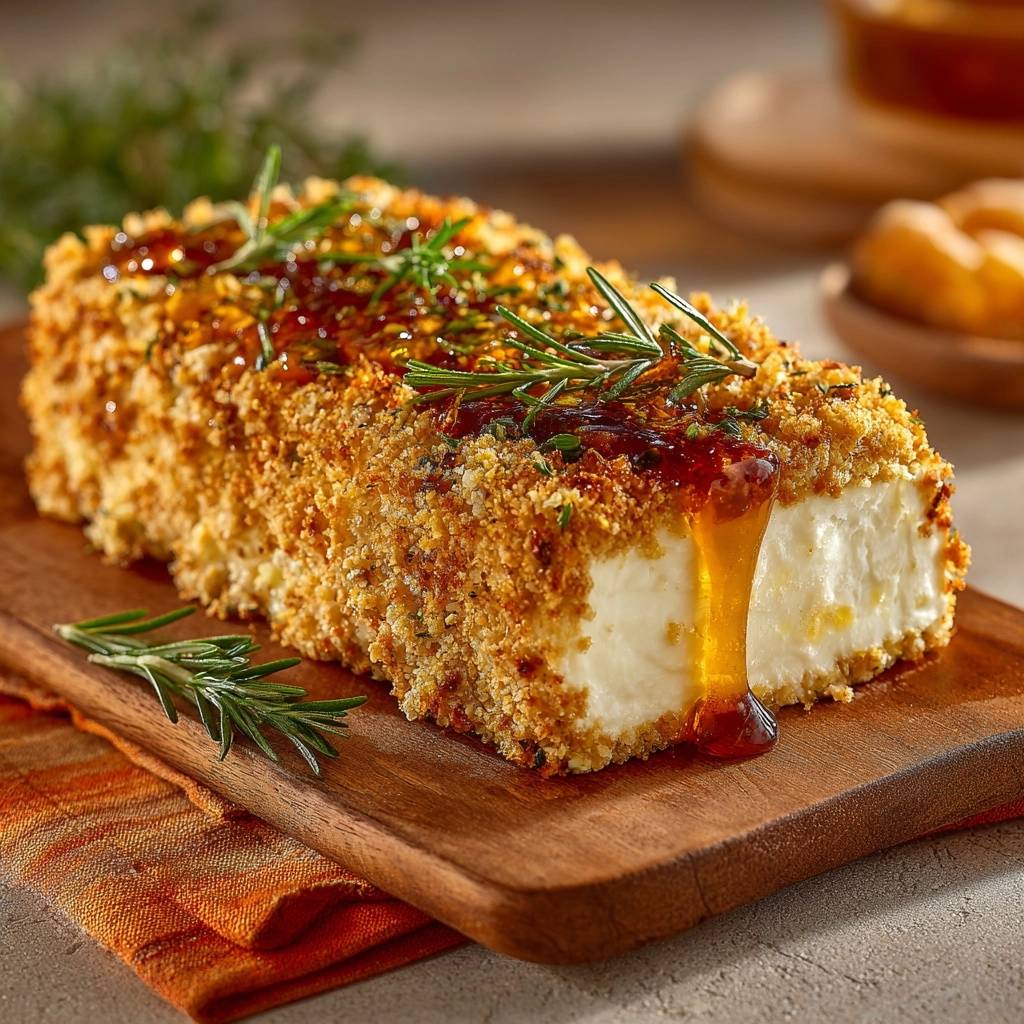 Gebackener Feta Knuspermantel Querschnitt Honigfluss 1 Gebackener Feta im Knuspermantel mit einem köstlichen Querschnitt, der den fließenden Honig und die cremige Füllung zeigt.
