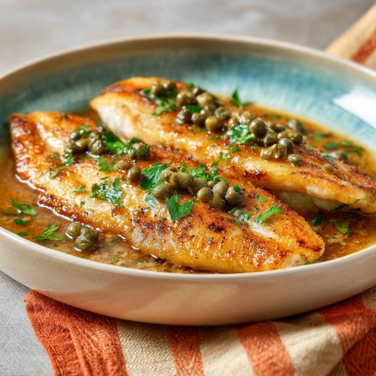 Gebratenes Fischfilet in Zitronen-Kapern-Butter, serviert in einer Schüssel, garniert mit Kapern und frischer Petersilie, bereit zum Genießen.