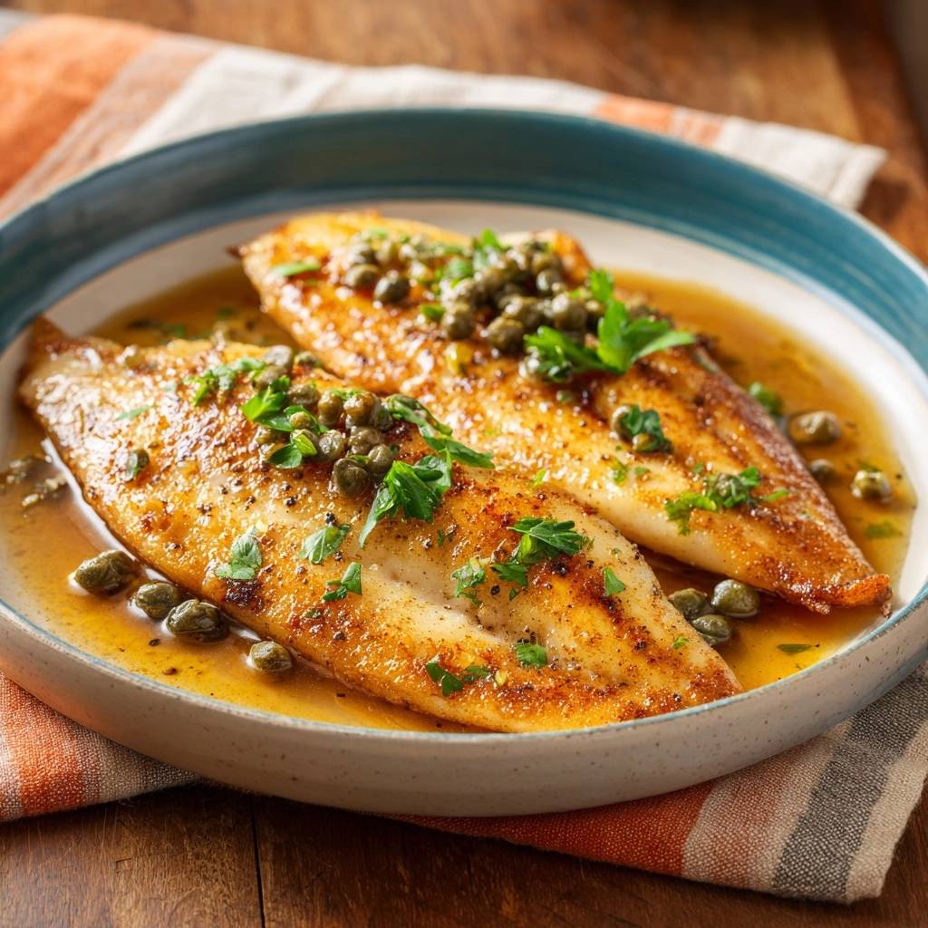 Gebratenes Fischfilet Zitronen Kapern Butter Serviert 1 Gebratenes Fischfilet in Zitronen-Kapern-Butter, serviert auf einem Teller, garniert mit Kapern und frischer Petersilie. Der köstliche Fisch schwimmt in einer buttrigen Sauce.