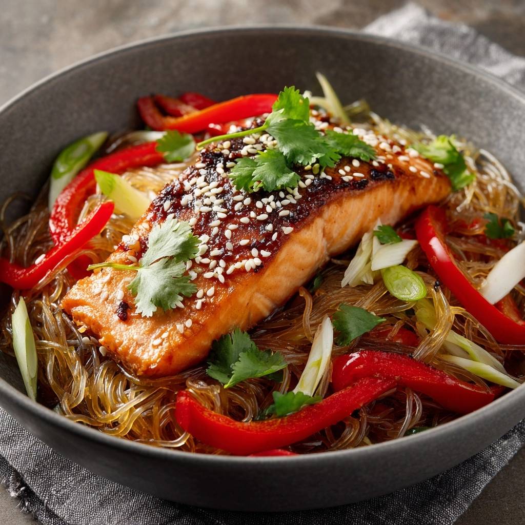 Glasnudel Pfanne Mit Sesam Lachs Serviert 1 Glasnudel-Pfanne mit Sesam-Lachs serviert in einer Schüssel, garniert mit frischem Koriander und roten Paprikastreifen. Das Gericht ist fertig zum Servieren.