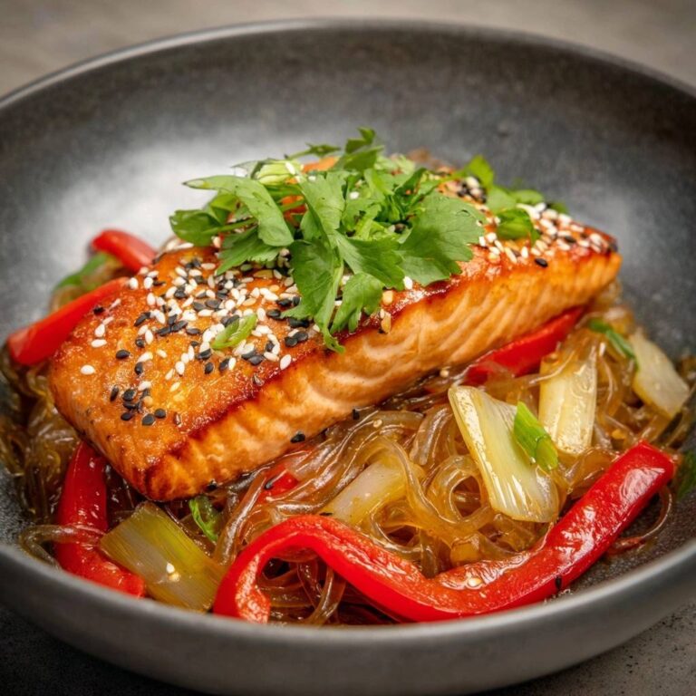 Glasnudel-Pfanne mit Sesam-Lachs in einer tiefen Schüssel serviert, garniert mit frischem Koriander und geröstetem Sesam. Das Gericht präsentiert sich appetitlich.