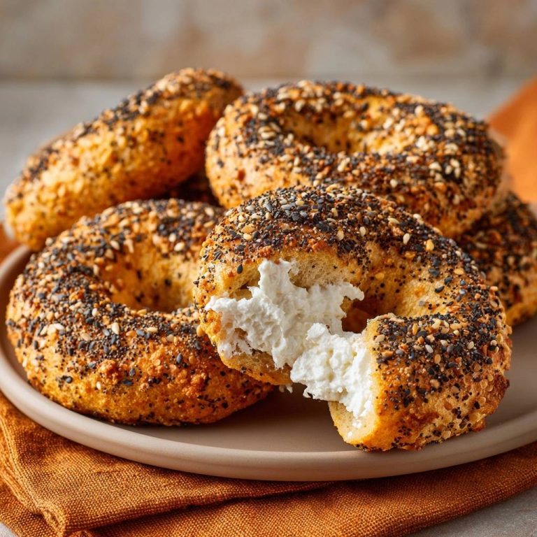 Goldbraune Everything-Bagels, angeschnitten, zeigen ein saftiges Inneres mit Frischkäse. Die knusprige Kruste ist mit verschiedenen Samen bedeckt.