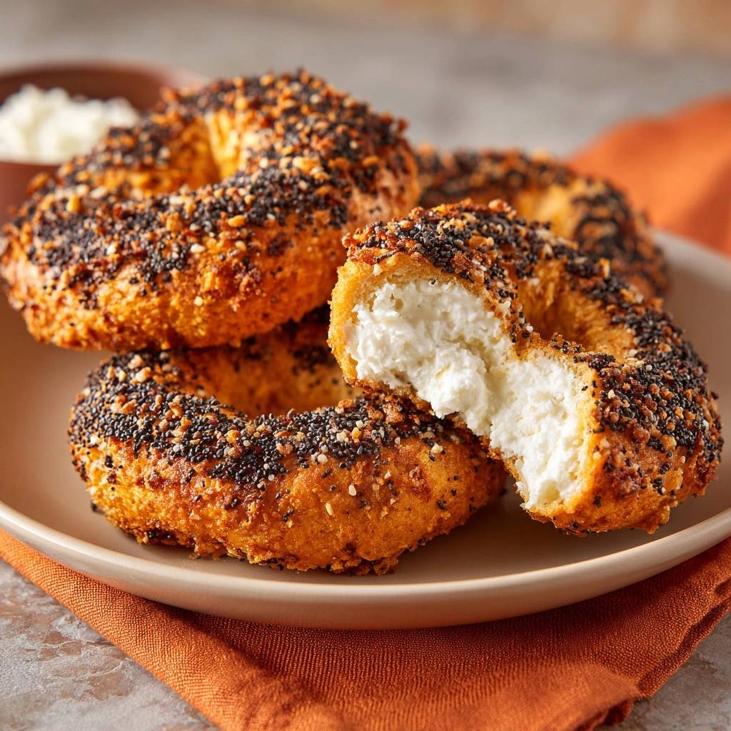 Goldbraune Everything Bagels Querschnitt 1 Goldbraune Everything-Bagels mit einem Anschnitt, der die cremige Füllung zeigt, angerichtet auf einem Teller. Der perfekte Genuss für den Gaumen.