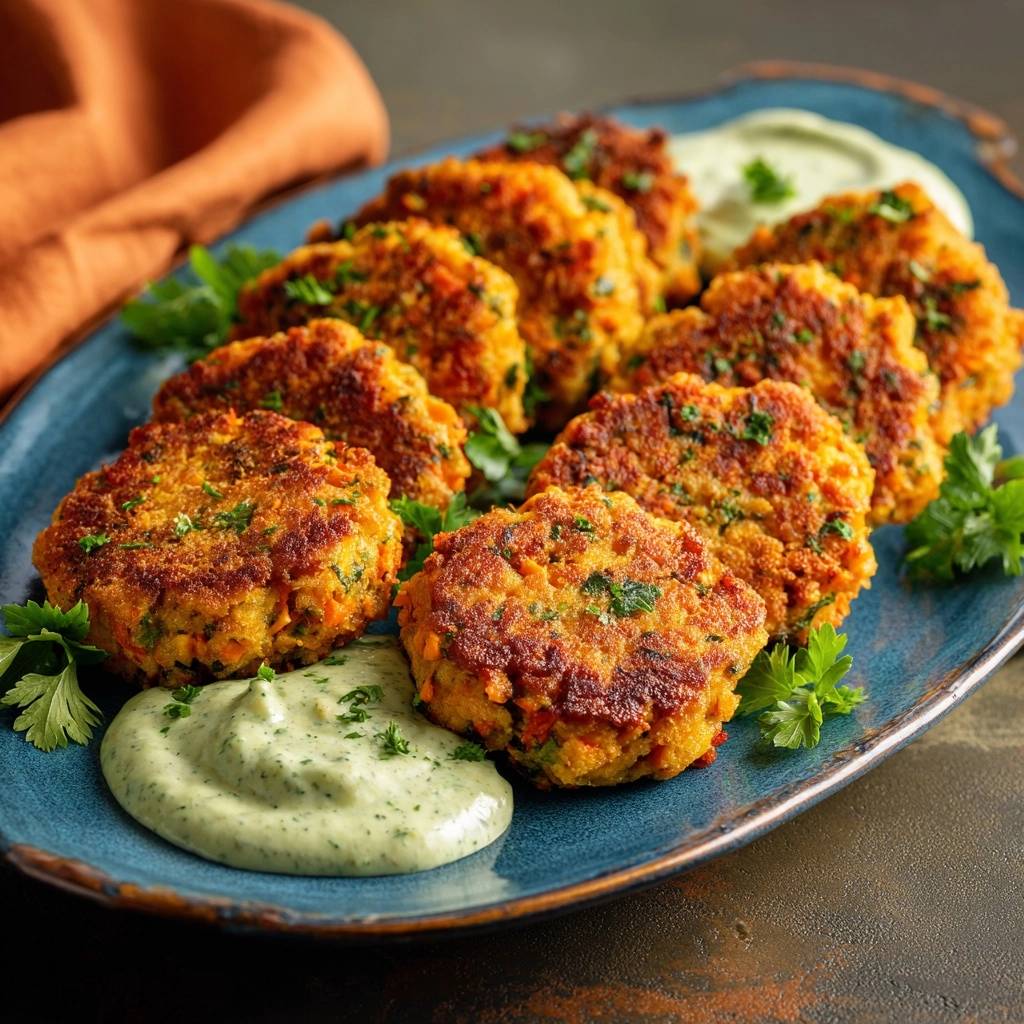Goldbraune Karotten Zucchini Puffer Serviert 1 Goldbraune Karotten-Zucchini-Puffer serviert auf einem blauen Teller mit Kräutern und cremigen Dip. Die goldbraunen Puffer sind appetitlich angerichtet.