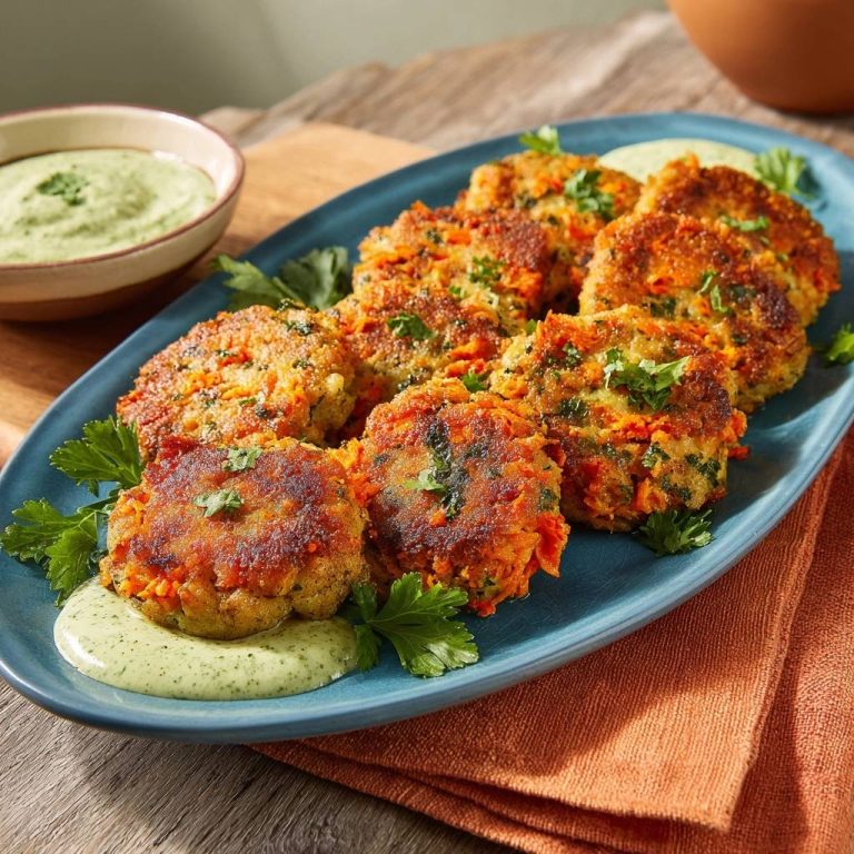 Goldbraune Karotten-Zucchini-Puffer, serviert auf einem blauen Teller mit Kräuterdip und frischer Petersilie garniert. Die goldbraunen Puffer sind knusprig und formstabil.