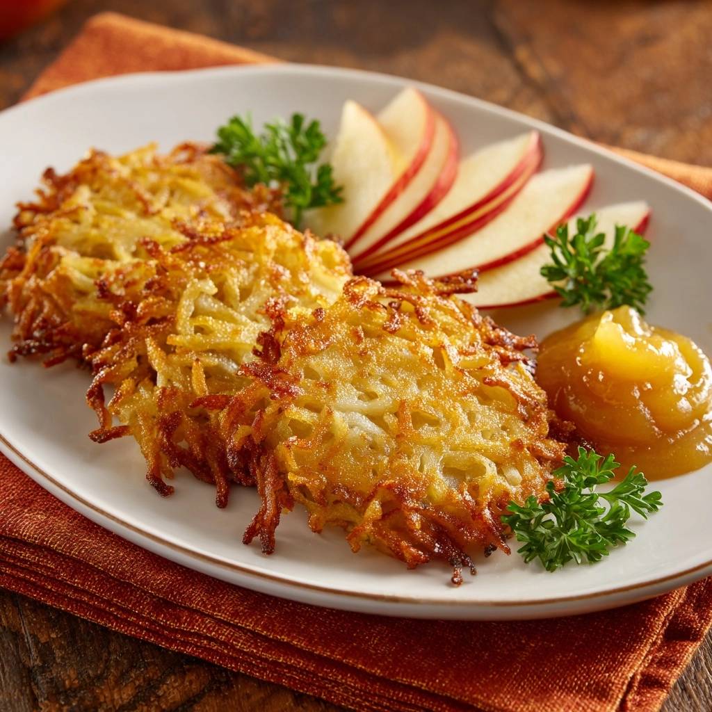 Goldbraune Kartoffelpuffer Mit Apfelmus Serviert 1 Goldbraune Kartoffelpuffer mit Apfelmus, serviert auf einem Teller mit Apfelscheiben und Apfelmus. Die knusprigen Kartoffelpuffer sind goldbraun und appetitlich.