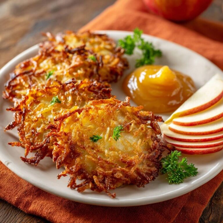 Goldbraune Kartoffelpuffer mit Apfelmus, serviert auf einem Teller mit Apfelmus und Apfelscheiben, garniert mit frischer Petersilie.