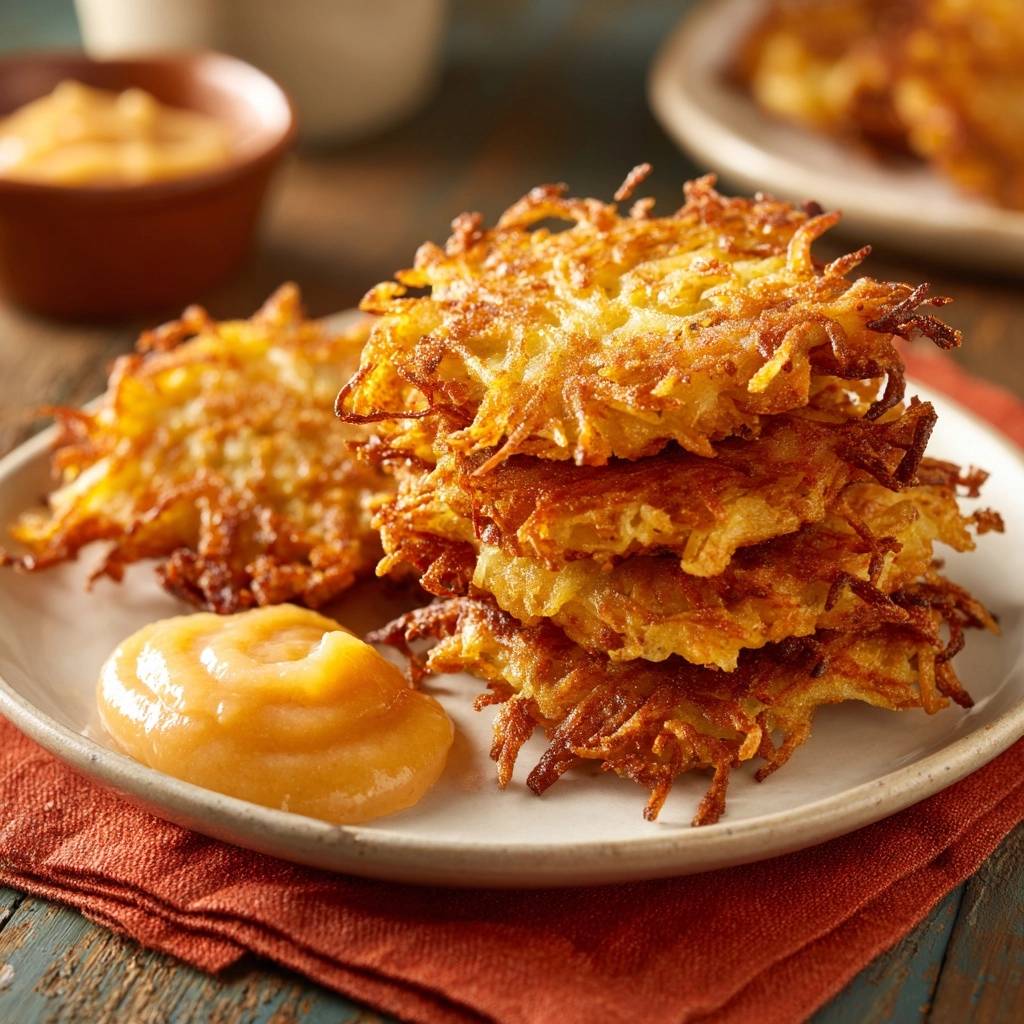 Goldbraune Kartoffelpuffer Serviert Mit Apfelmus 1 Goldbraune Kartoffelpuffer, serviert auf einem Teller mit Apfelmus, zeigen eine goldene, knusprige Textur. Die perfekt gebratenen Kartoffelpuffer sind ein Genuss.
