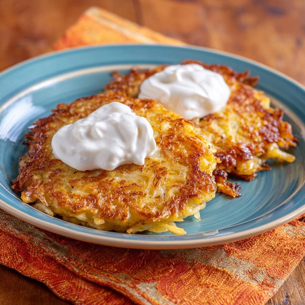 Goldbraune Kartoffelpuffer Serviert Mit Creme 1 Goldbraune Kartoffelpuffer serviert auf einem blauen Teller, belegt mit einem großzügigen Klecks saurer Sahne. Die goldbraune Textur ist unwiderstehlich.